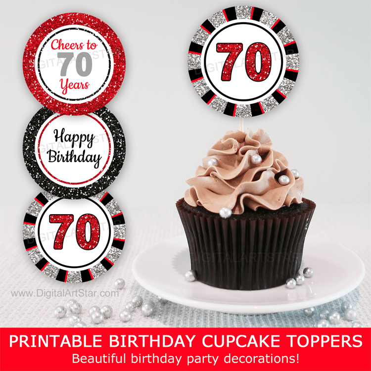 Printable 70th Birthday Cupcake Toppers Birthday Party Decorations Red Black Silver