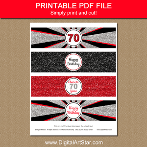 Printable 70th Birthday Water Bottle Stickers Red Silver Black
