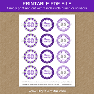 Printable 80th Birthday Cupcake Toppers Template Purple Lavender Silver
