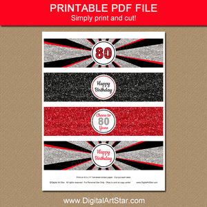 Printable 80th Birthday Water Bottle Stickers Cheers to 80 Years Red Black Silver Glitter