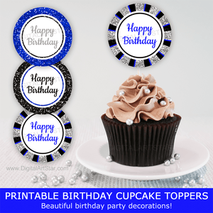 Printable Birthday Cupcake Toppers for Men Birthday Party Decorations Blue Black Silver