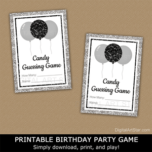 Printable Birthday Party Game Candy Guessing Game with Silver and Black Balloons