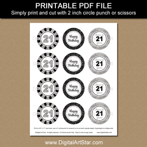 Printable Black and Silver Birthday Cupcake Toppers Template 21st Birthday Decorations