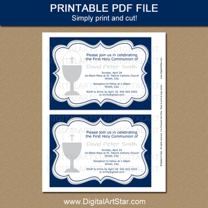 Printable Boy First Communion Invitation Template Navy Blue White Silver
