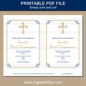 Printable Boy First Holy Communion Invitation Digital Download White Gold Navy Blue