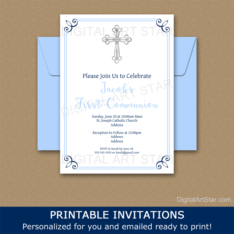 Printable Boy First Holy Communion Invitation Digital White Navy Blue Light Blue with Silver Cross