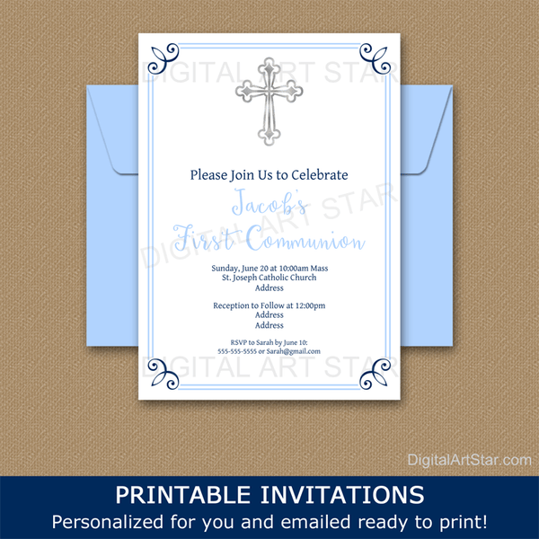 Boy First Communion Invitation - White, Navy Blue, and Light Blue ...