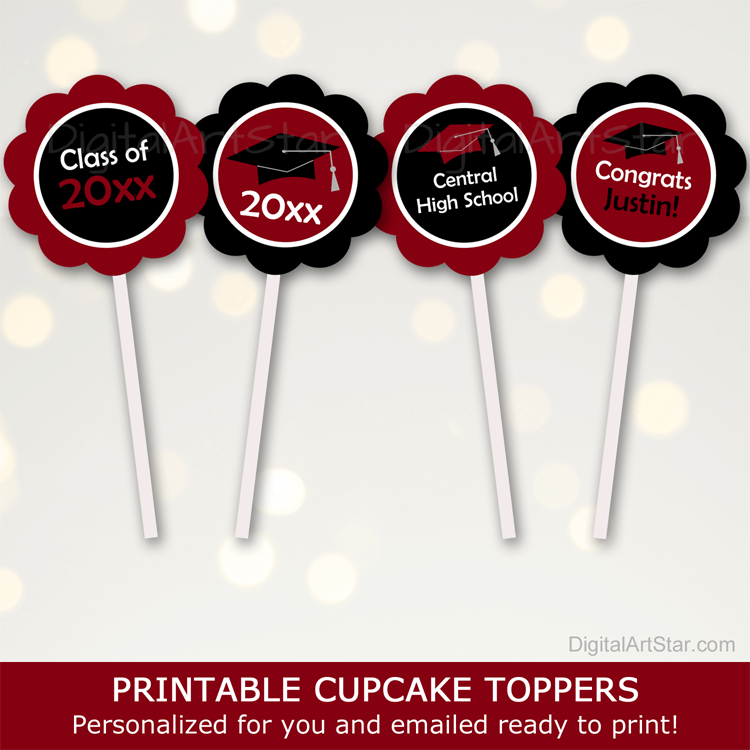 Printable Burgundy and Black Graduation Cupcake Toppers Personalized with Name
