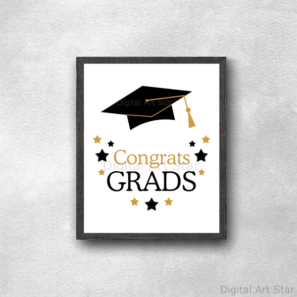 White Black and Gold Graduation Sign - Congrats Grad - Digital Art Star