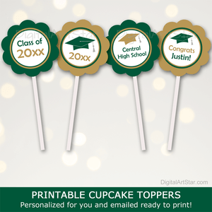 Printable Cupcake Toppers Graduation Party Decorations Hunter Green and Gold