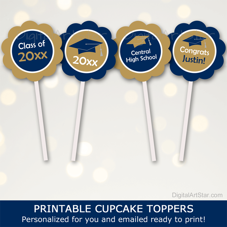 Printable Cupcake Toppers Graduation Party Decorations Navy Blue and Gold