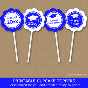 Printable Cupcake Toppers Graduation Party Decorations Royal Blue White