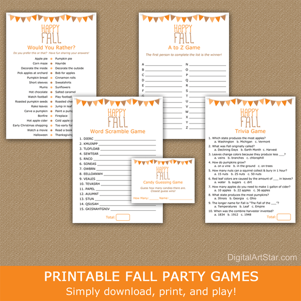 Printable Fall Party Games Package - 5 Fall Games to Print - Digital ...