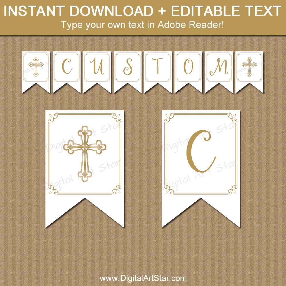 Printable First Communion Banner Template White and Gold