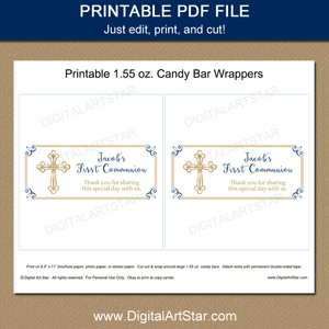 Printable First Communion Candy Wrappers Party Favors White Navy Blue Gold