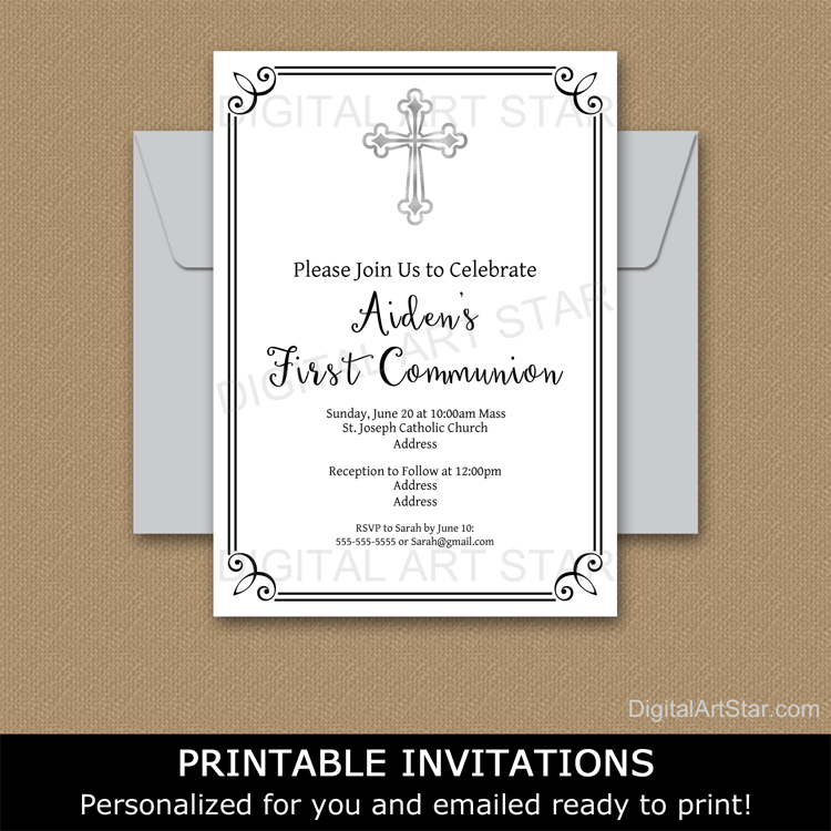 Printable First Communion Invitation Digital White and Black Girls Boys