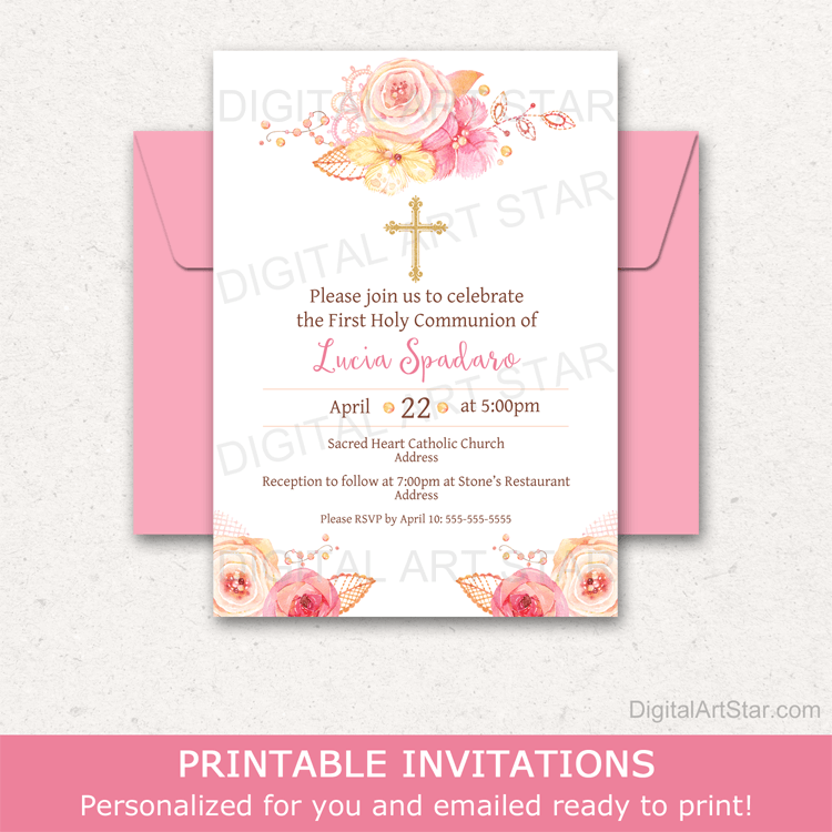 Printable First Communion Invitation Girl Pink Floral Lace