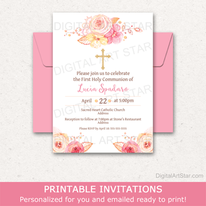 Printable First Communion Invitation Girl Pink Floral Lace