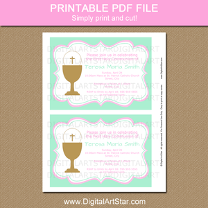 Printable First Communion Invite Template Mint Green White Pink Gold