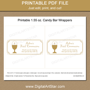 Printable First Communion Party Favors Candy Bar Wrappers Gold Chalice