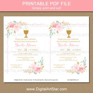 Printable First Holy Communion Invitation Floral Pink Gold Chalice