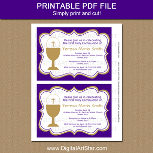 Printable First Holy Communion Invitation Girl in Purple and Gold