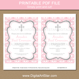 Printable First Holy Communion Invitation Template Girl Pink Damask Silver Cross