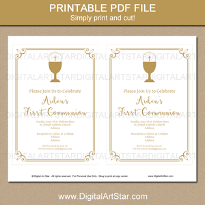 Printable First Holy Communion Invitation Template for Girls Gold Chalice Eucharist