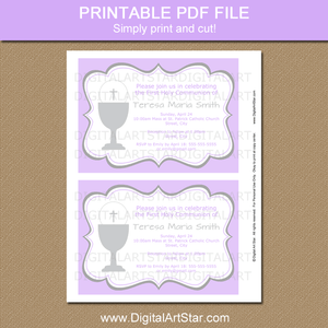 Printable First Holy Communion Invitatino Template in Lavender White Silver