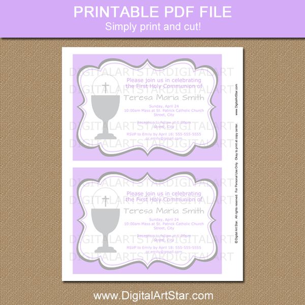 Lavender First Communion Invitations for Girl - Digital Art Star