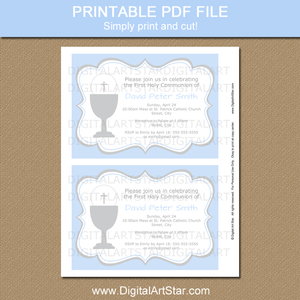 Printable First Holy Communion Invitation Template Light Blue Gray