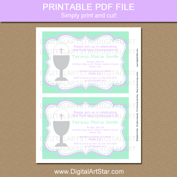 Printable First Holy Communion Invitation - Mint Green and Lavender ...