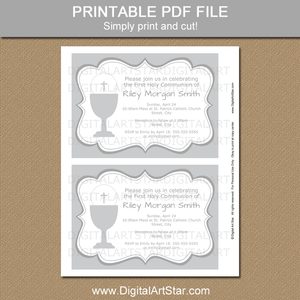 Printable First Holy Communion Invitation Template in Silver and White