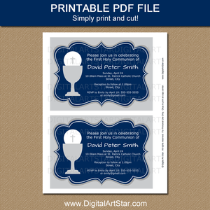 Printable First Holy Communion Invitations for Boys Gray Blue