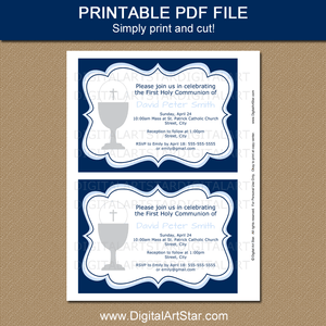 Printable First Holy Communion Invites for Boys Navy Blue
