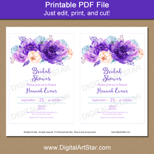 Printable Floral Bridal Shower Invitation Template Purple Turquoise