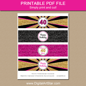 Printable Fuchsia Black and Gold Water Bottle Labels 40th Birthday Decorations for Her