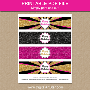 Printable Fuchsia Gold Black Happy Birthday Water Bottle Labels for Girls