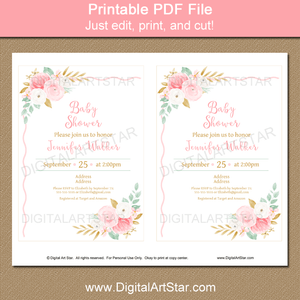 Printable Girl Baby Shower Invitations Floral Pink Gold Mint Green
