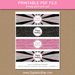 Printable Girl Birthday Party Decorations Bottle Labels Pink Black Silver Glitter