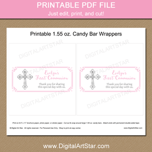 Printable Girl First Communion Chocolate Bar Wrappers Party Favors White Pink Silver