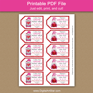 Printable Gnome Valentine Tags for Kids Red Glitter and Fuchsia