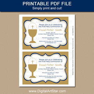 Printable Gold First Holy Communion Invitation with Navy Blue Accents and Gold Chalice