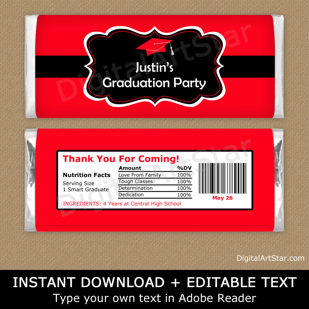 Printable Graduation Candy Bar Labels Red and Black