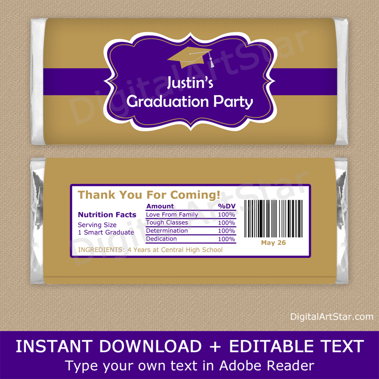 Printable Graduation Candy Bar Wrapper Template Gold and Purple
