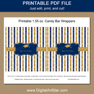 Printable Graduation Candy Bar Wrapper Template Navy blue Gold Glitter