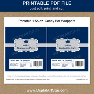 Printable Graduation Candy Bar Wrappers Party Favors Navy Silver