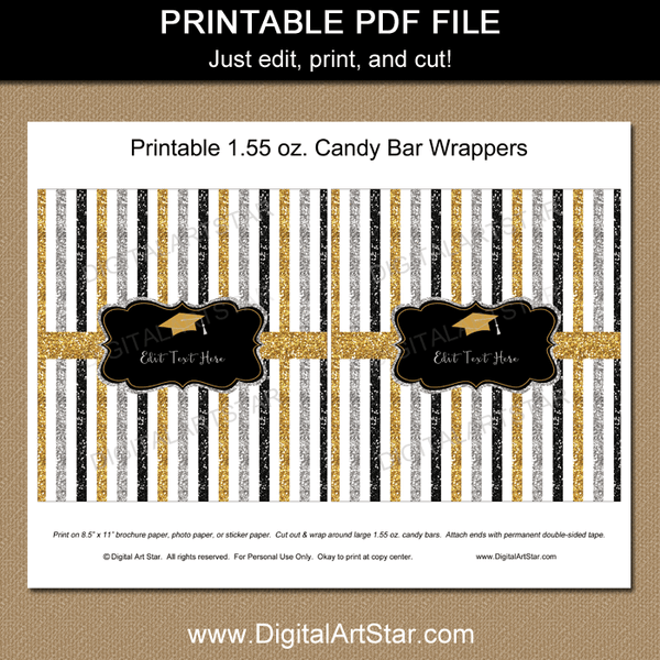 Glitter Graduation Candy Bar Wrappers Black and Gold - Digital Art