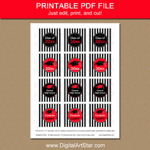 Printable Graduation Cupcake Picks Black and White Striped Red