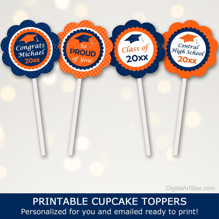 Printable Graduation Cupcake Toppers with Graduate Name in Navy Blue Orange White